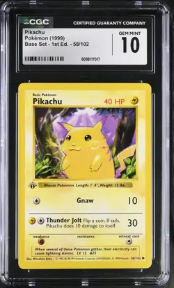 CGC 10 GEM MINT Pikachu 1999 Base Set 1st Edition Shadowless 58/102 Pokemon Card - Image 1