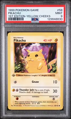1999 Pokemon 1st Edition Base Set Shadowless Pikachu #58 Yellow Cheeks PSA 9 - Image 1
