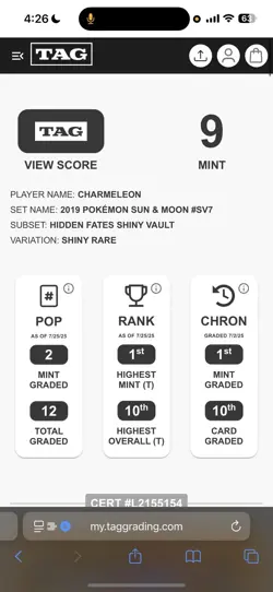 Charmeleon SV7 - Pokemon Hidden Fates TAG Mint 9 #1 Highest - Image 3