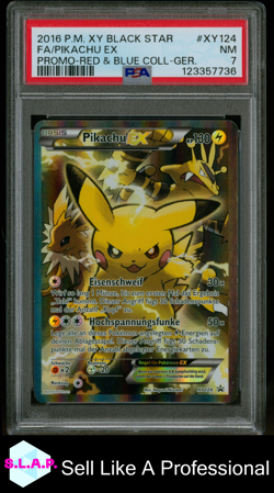 FA/PIKACHU EX PRM-RED & BLUE COLL-GER. POKEMON XY BLCK STR PRM 2016 XY124 PSA 7 - Image 1