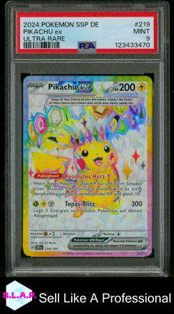 PIKACHU EX ULTRA RARE POKEMON GERMAN SSP DE-SURGING SPARKS 2024 219 PSA 9 - Image 1