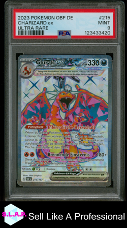CHARIZARD EX ULTRA RARE POKEMON GERMAN OBF DE-OBSIDIAN FLAMES 2023 215 PSA 9 - Image 1