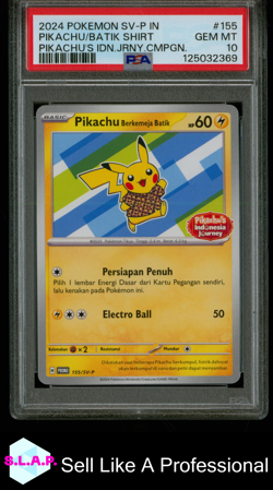 PIKACHU/BATIK SHIRT PIKACHU'S IDN.JRNY.CMPGN POKEMON SV-P IN PRM 2024 155 PSA 10 - Image 1