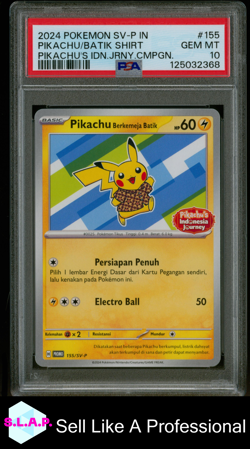 PIKACHU/BATIK SHIRT PIKACHU'S IDN.JRNY.CMPGN POKEMON SV-P IN PRM 2024 155 PSA 10 - Image 1