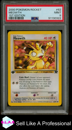 MEOWTH 1ST EDITION POKEMON ROCKET 2000 62 PSA 9 - Image 1