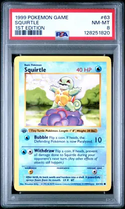 PSA 8 NM/MT 1999 POKEMON GAME 63 SQUIRTLE 1ST EDITION ENGLISH - Image 1