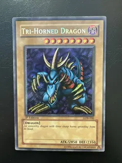 Yugioh! Tri Horned Dragon Secret Rare 1st Edition NM LOB-000 Glossy NA - Image 1