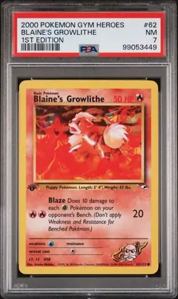 TCG 2000 Pokemon GYM HEROES Non-Holo 1ST Edition Crd BLAINE'S GROWLITHE 62 PSA 7 - Image 1