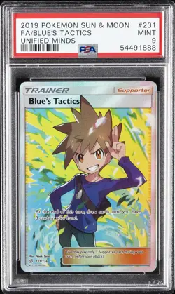 2019 POKEMON SUN & MOON UNIFIED MINDS #231 FULL ART/BLUE'S TACTICS PSA 9 - Image 1