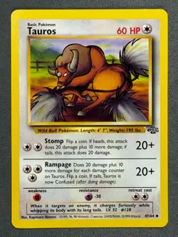 Tauros 47/64 Base Set Series Jungle UNCOMMON Basic POKEMON CARD 1999 - LP - Image 1