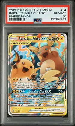 PSA GEM MT 10 - Raichu/Aln.Raichu Gx Unified Minds Pokemon Sun & Moon Unified Mi - Image 1