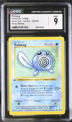CGC 9 MINT Poliwag 1999 Base Set 1st Edition Shadowless 59/102 Pokemon Card - Image 1