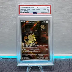 PSA 10 Gem Mint Team Rocket Meowth AR sv10 109/098 Pokemon Card - Image 1