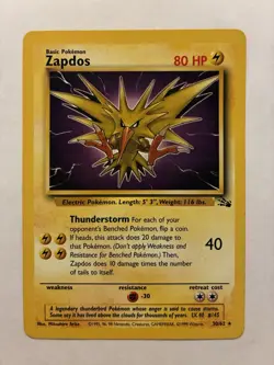 Pokemon TCG Basic Zapdos 30/62 Non Holo Rare Fossil Set LP - Image 1