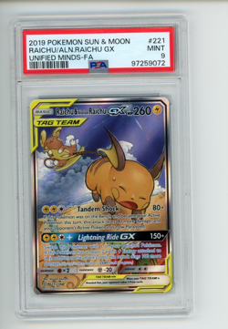 2019 Pokemon Unified Minds Raichu & Alolan Raichu GX 221/236 Full Art Rare PSA 9 - Image 1