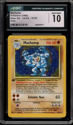 Pokemon Machamp Base Set 1st Edition Holo Rare #8 CGC 10 Gem Mint - Image 1
