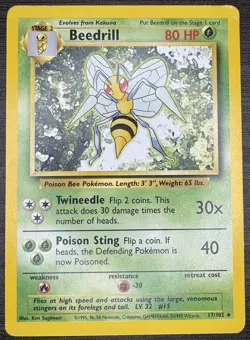 Pokemon TCG Beedrill Card 17/102 Rare Unlimited Base Set - Image 1