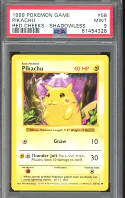 Pikachu 58/102 Red Cheeks Shadowless Base Set 1999 Pokemon PSA 9 - Image 1