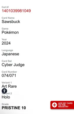 ✨✨ CGC 10 PRISTINE Sawsbuck 074/071 AR Art Rare Cyber Judge sv5M Pokemon Card - Image 3
