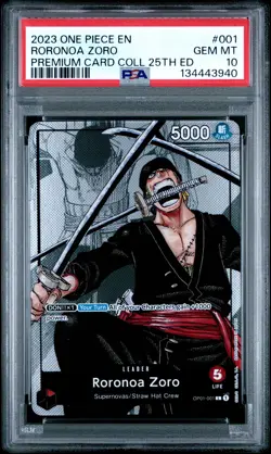 2023 ONE PIECE BANDAI PREMIUM CARD COLLECTION 25TH ED #001 RORONOA ZORO PSA 10 - Image 1