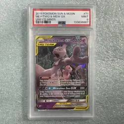 2019 POKEMON SUN & MOON UNIFIED MINDS #71 MEWTWO & MEW GX PSA 9 MINT TAG TEAM - Image 1