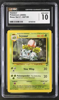 CGC 10 GEM MINT Ivysaur 2000 Base Set 2 44/130 Pokemon Card - Image 1