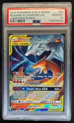 2019 Pokemon SM Unbroken Bonds Reshiram Charizard Tag Team Holo #20/214 PSA 10 - Image 1