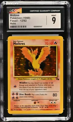 CGC 9 MINT Moltres 1999 Fossil 12/62 Holo Pokemon Card - Image 1