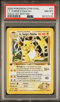 2000 POKEMON GYM CHALLENGE HOLO-1ST ED #11 LT. SURGE'S RAICHU PSA 8 - Image 1
