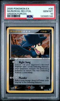 2005 POKEMON EX UNSEEN FORCES #30 MURKROW-REVERSE FOIL PSA 10 - Image 1