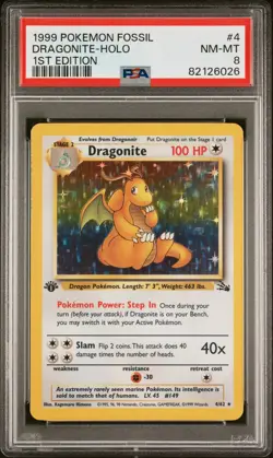 1999 POKEMON FOSSIL 1ST ED #4 DRAGONITE-HOLO PSA 8 - Image 1
