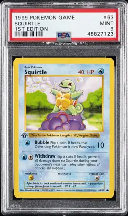 1999 POKEMON BASE SET 1ST EDITION #63 SQUIRTLE PSA 9 - Image 1