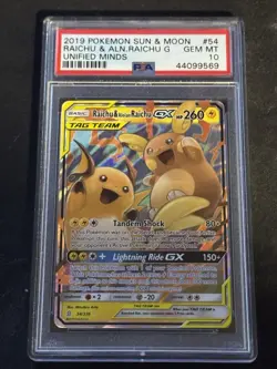2019 Pokemon Unified Minds Raichu & Alolan Raichu GX 54/236 PSA 10 Gem Mint - Image 1