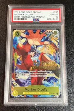 Monkey D. Luffy Winner P-036 OP04 Pre- Release Promo One Piece Card PSA 10 - Image 1