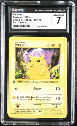 CGC 7 Pikachu 58/102 Red Cheeks 1st Edition Shadowless Base Set Pokemon Card - Image 1