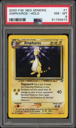 2000 Pokemon Neo Genesis: Ampharos Holo #1, PSA 8 Near Mint - Mint, Rare! - Image 1