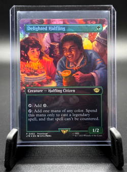 MTG DELIGHTED HALFLING 0402 LORD OF THE RINGS LTR PRERELEASE BORDERLESS FOIL - Image 1