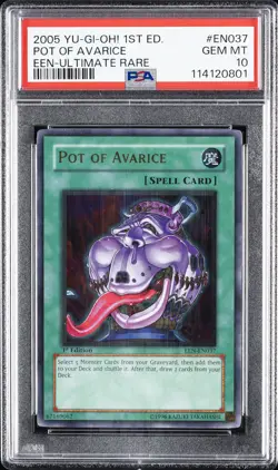 2005 YU-GI-OH! ELEMENTAL ENERGY 1ST ED ULTIMATE RARE POT OF AVARICE PSA 10 - Image 1