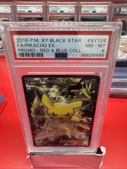 2016 Pokemon XY Black Star Promo #XY124 Pikachu EX Red & Blue Collection PSA 8 - Image 1