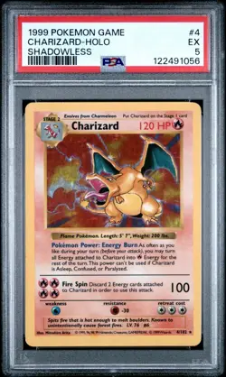 1999 WOTC Pokemon Game #4 Base Set Shadowless Charizard PSA 5 EX - Image 1