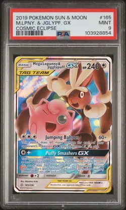 PSA 9 Mega Lopunny & Jigglypuff 165 GX Cosmic Eclipse Card 2019 Pokemon TCG Mint - Image 1