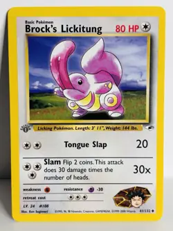 Pokemon Card - Gym Heroes 41/132 Brocks Lickitung 1st Edition Grey Stamp - Image 1