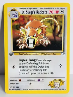Pokemon Card - Gym Heroes 51/132 Lt Surges Raticate 1st Edition Grey Stamp - Image 1