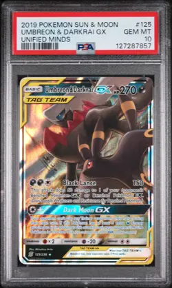 2019 POKEMON SUN & MOON UNIFIED MINDS #125 UMBREON & DARKRAI GX PSA 10 - Image 1
