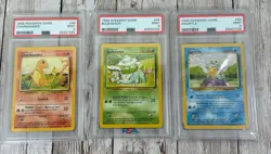 1999 Pokemon Base Charmander 46, Bulbasaur 44, Squirtle 63 All Graded PSA 9 Mint - Image 1