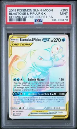 2019 Pokemon Blastoise & Piplup GX Tag Team 253/236 Cosmic Eclipse ENG PSA 9 - Image 1