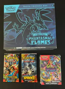 Pokemon Card Lot Mega Evolution Phantasmal Flames ETB + Booster Bundle + 2 Packs - Image 1