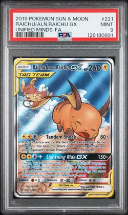 2019 POKEMON SUN & MOON UNIFIED MINDS FULL ART/RAICHU & ALOLAN RAICHU GX PSA 9 - Image 1