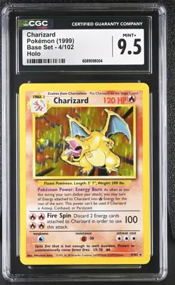 CGC 9.5 MINT+ Charizard 1999 Base Set 4/102 Holo Pokemon Card - Image 1