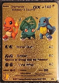 Pokemon Charmander, Squirtle, Bulbasaur GX 3/HP 140 Gold Foil Fan Art Card - Image 1